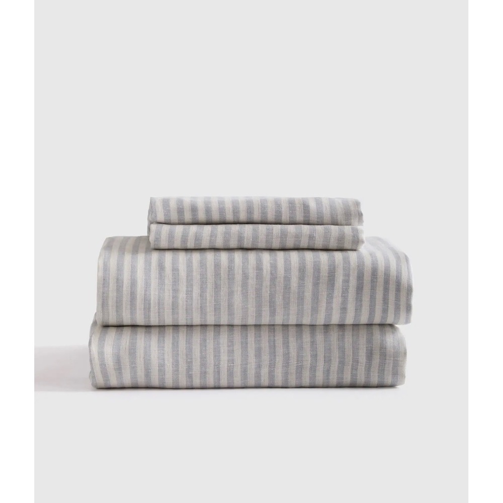 Quince European Linen Sheet Set Cal King Mist Stripe 4 Piece 100% Flax